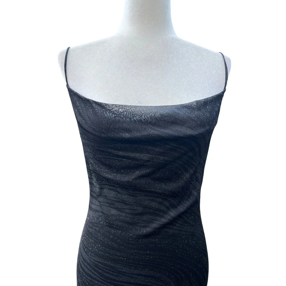 VTG FOREVER 21 Black Sparkle Cowl Neck Midi Dress Assymetric Hem S‎ Goth Y2K